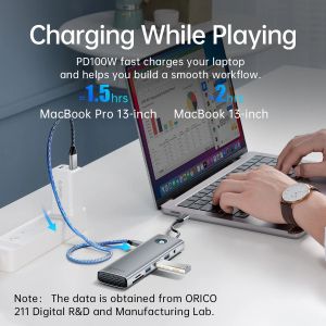 Orico докинг станция Type-C Docking Station Power Distribution 100W - HDMI, Type-C x 1, USB3.0 x 2, USB 2.0 x 1, LAN 1000Mbps Gigabit, VGA - PW11-8PC-GY-EP