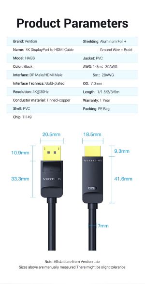 Vention Cable DisplayPort to HDMI 3.0m - 4K, Gold Plated - HAGBI