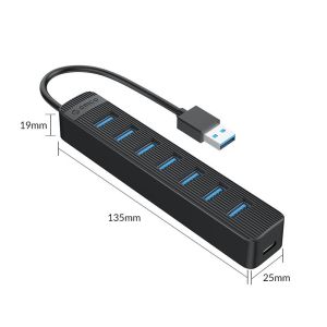 Orico хъб USB3.0 HUB 7 port - Type C input, 0.15m cable, aux Type-C power input - TWU3-7A-BK