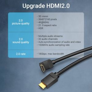 Vention Kabel HDMI Unghi drept 90 de grade v2.0 M / M 4K/60Hz Aur - 2M Negru - AARBH