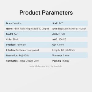 Vention Kabel HDMI Unghi drept 90 de grade v2.0 M / M 4K/60Hz Aur - 2M Negru - AARBH