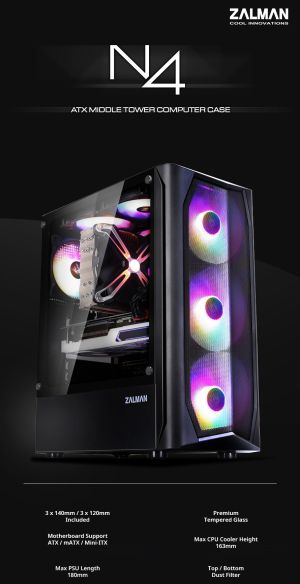 Zalman кутия за компютър Case ATX - N4 - RGB, Tempered Glass