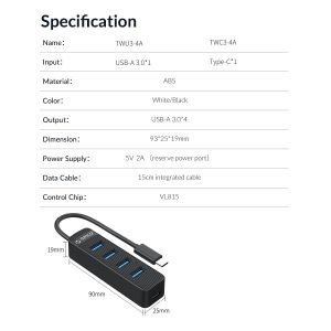 Orico хъб USB3.0 HUB 4 port - Type C input, aux Type-C power input - TWC3-4A