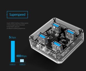 Orico хъб USB3.0 HUB 4 port transparent, 1m cable - MH4U-U3-10-CR