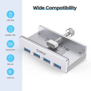 Orico хъб USB 3.0 HUB Clip Type 4 port - aux Micro-USB power input, Aluminum - MH4PU-P-SV