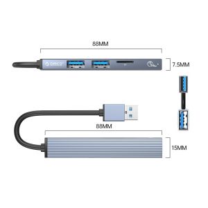 Orico хъб USB3.0/2.0 HUB 3 port + card reader, Aluminum - AH-A12F-GY