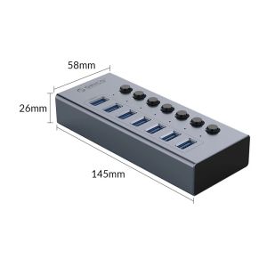 Orico USB3.0 HUB 7 port with Power Adapter, On/Off buttons, Aluminium - BT2U3-7AB-EU-GY