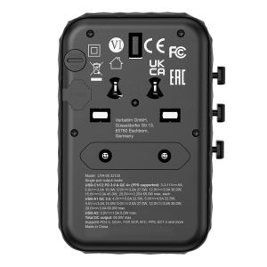 Adapter Verbatim UTA-05 GaN III Universal Travel Adapter with 2 x USB-C PD 65W & QC 4+ / 2 x USB-A