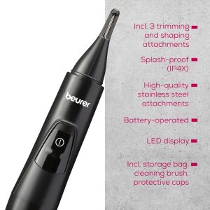 Тример Beurer MN2X Precision trimmer, Incl. 3 attachments for trimming and shaping eyebrows, nose and ear hairs, High-quality stainless steel attachments, (IPX4), Battery-powered, Incl. protective cap, cleaning brush and storage bag