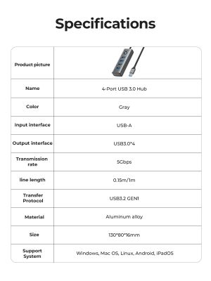 Orico HUB USB3.0 4 port, Aluminium, Grey - PDD4U-U3-015-GY