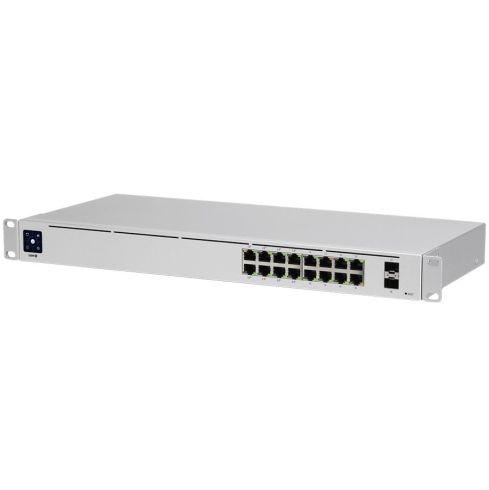 Ubiquiti USW-16-PoE 16-port Layer 2 PoE switch, 8 x GbE PoE+, 8 x GbE ports, 2 x 1G SFP ports, 42W total PoE Power, fanless, silent cooling, ESD/EMP protection, 1.3" touchscreen LCM display , Rackmount (Kit included)