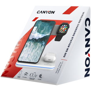 CANYON WS-303, 3in1 Wireless charger, with touch button for Running water light, Input 9V/2A, 12V/2A, Output 15W/10W/7.5W/5W, Type c to USB-A cable length 1.2m, 137*103 *140mm, 0.22Kg, White