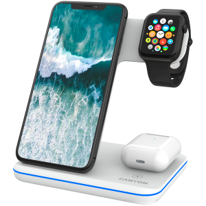 CANYON WS-303, 3in1 Wireless charger, with touch button for Running water light, Input 9V/2A, 12V/2A, Output 15W/10W/7.5W/5W, Type c to USB-A cable length 1.2m, 137*103 *140mm, 0.22Kg, White