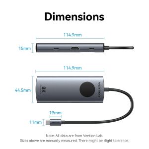 Vention Docking Station Type-C - TQZHB - 8K, LED Display - HDMI, USB 3.0 x 2, USB-C 3.2 Gen 1, PD100W,  LAN (1Gbps)