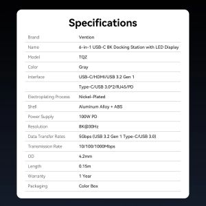 Vention Docking Station Type-C - TQZHB - 8K, LED Display - HDMI, USB 3.0 x 2, USB-C 3.2 Gen 1, PD100W,  LAN (1Gbps)