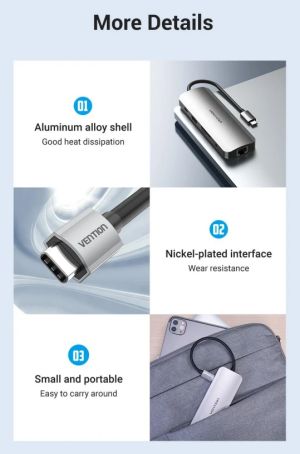 Vention Docking Station Type-C - TOLHB - HDMI x 1, USB3.0 x 3, USB-C PD100W x 1, LAN x 1 (1Gbps), SD/TF, Audio
