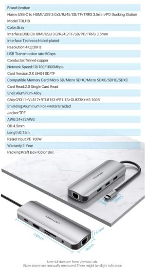 Vention Docking Station Type-C - TOLHB - HDMI x 1, USB3.0 x 3, USB-C PD100W x 1, LAN x 1 (1Gbps), SD/TF, Audio