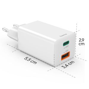 HAMA Бързо мини зарядно, 45 W, 1x USB-C - 1x USB-A, PD, бяло