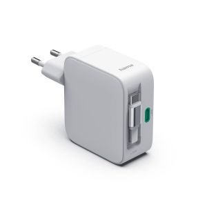 HAMA Бързо зарядно, 65 W, GaN, 2x USB-C, с разтегателен кабел 0.7м, бял