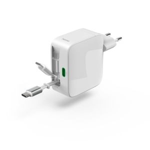 HAMA Бързо зарядно, 65 W, GaN, 2x USB-C, с разтегателен кабел 0.7м, бял