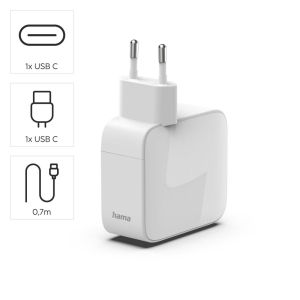 HAMA Бързо зарядно, 65 W, GaN, 2x USB-C, с разтегателен кабел 0.7м, бял