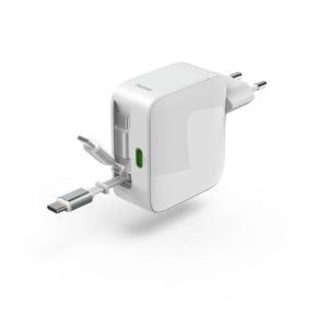 HAMA Бързо зарядно, 65 W, GaN, 2x USB-C, с разтегателен кабел 0.7м, бял