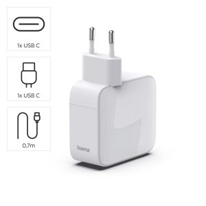 HAMA Бързо зарядно, 30 W, GaN, 2x USB-C, с разтегателен кабел 0.7м, бял