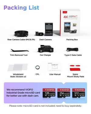 VIOFO Dash Cam A229 Pro 2 Channel - 4K, HDR, Dual Sony STARVIS 2, GPS, Bluetooth