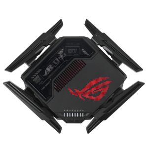 Рутер Asus Gaming Wireless Router, ROG Rapture GT-BE98, BE25000, Quad-Band, Quad-Core 2.6GHz CPU, 256MB/2GB Flash/RAM, 10G dual-port, 2.5G quad-port, AiProtection Pro, RangeBoost Plus, AiRadar TX, open NAT, VPN Fusion, multiple SSIDs, IPTV, RGB, AiMesh, B