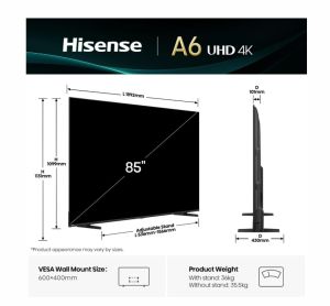 Телевизор Hisense 85" A6Q, 4K Ultra HD 3840x2160, DLED, DFA, Precision Colour, HDR 10+, HLG, Dolby Vision, DTS Virtual X, Smart TV, WiFi, Light Sensor, Gaming Mode, 1xHDMI2 eArc, 3xHDMI, 2xUSB, LAN, CI+, DVB-T2/C/S2, Black