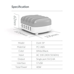 Orico зарядна станция за мобилни устройства Charger Station 220V - 5 x USB 40W White - DUK-5P-EU-WH
